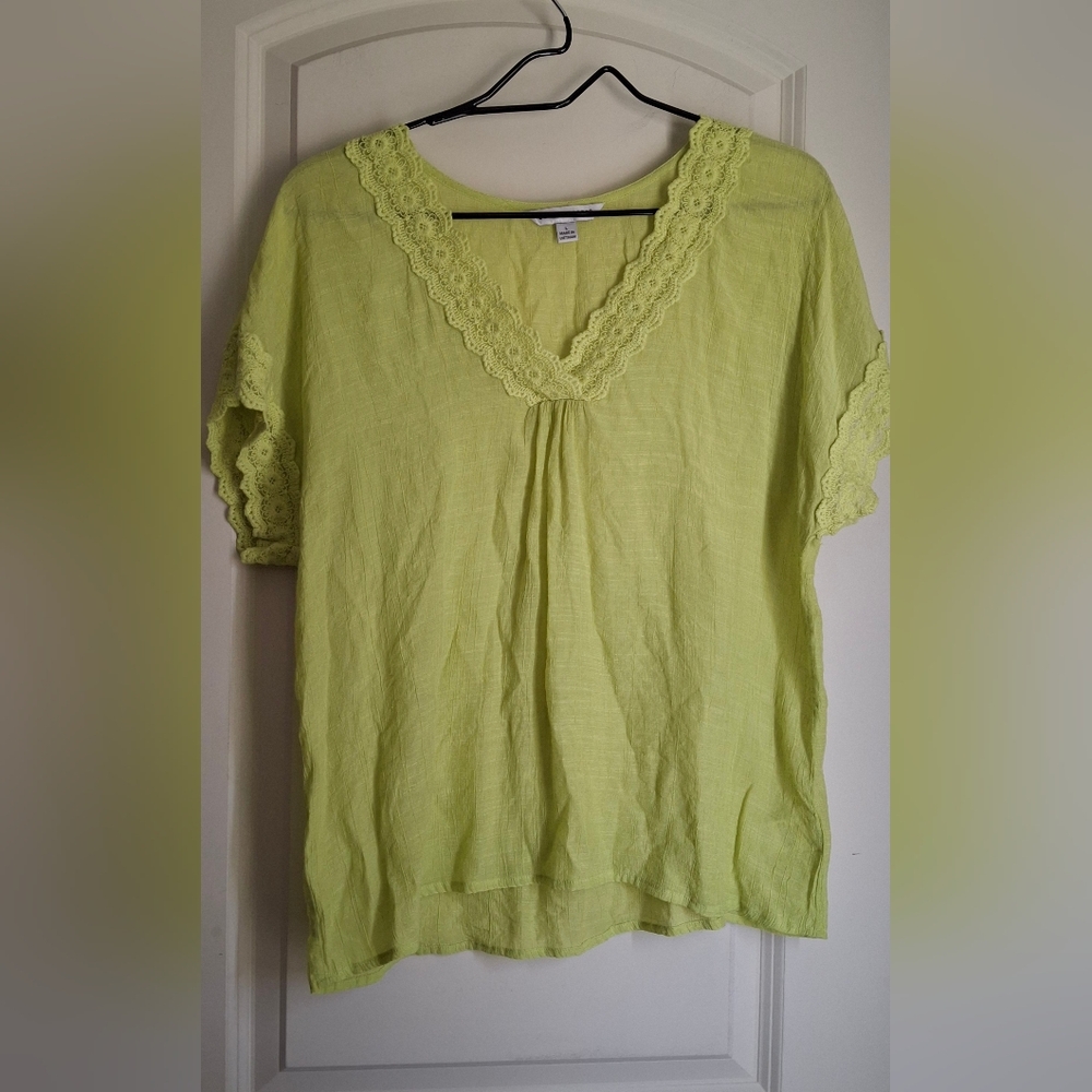 Counterparts Lace Trim Lime Green Women's Top Sz L Lightweight Short Sleeve